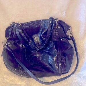 Coach Navy Blue Patent Leather Perforated Signature Audrey Andie Bag EUC